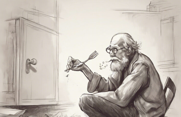 An elderly balding man in a room is wearing glasses and holding a fork while he is seated on a mound of indeterminate materiel, surrounded by trash and facing a closed cabinet with a key in its lock.