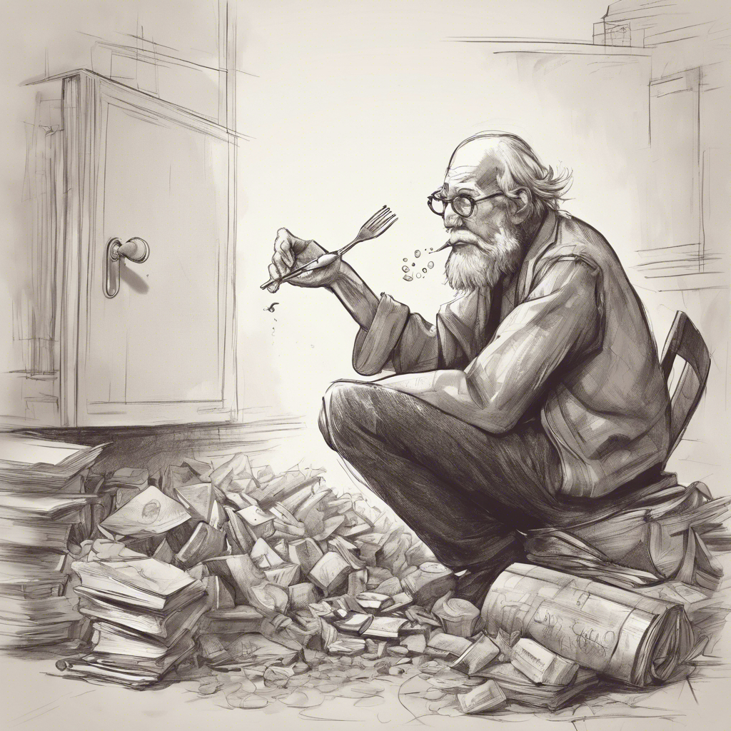 An elderly balding man in a room is wearing glasses and holding a fork while he is seated on a mound of indeterminate materiel, surrounded by trash and facing a closed cabinet with a key in its lock.