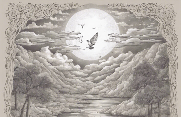 A bird in flight seen in front of a full moon low on the horizon with scattered clouds drifting near the moon as its reflection on the water illuminates the trees on either side.