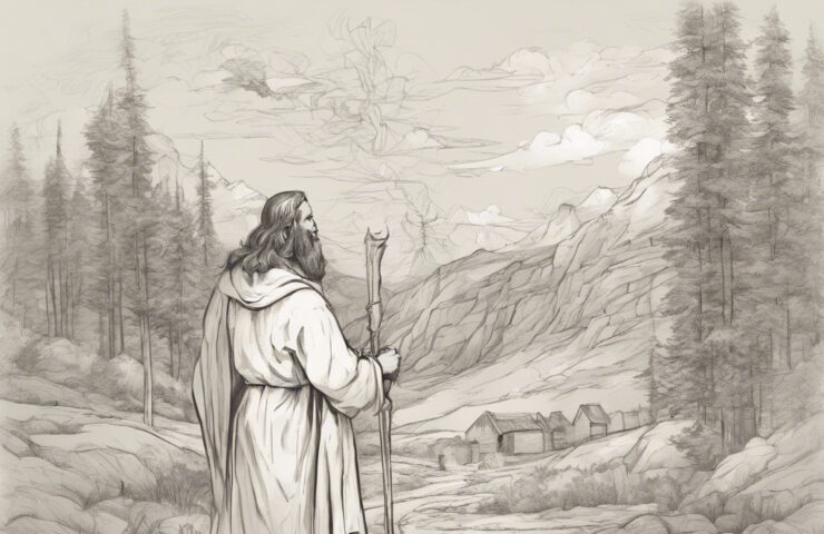 In the foreground, a bearded man, dressed in a cloak and holding a wooden staff, is standing beside a stream and looking into the background past a grove of tall pine trees at a few simple wooden structures situated at the foot of a large rocky elevation.