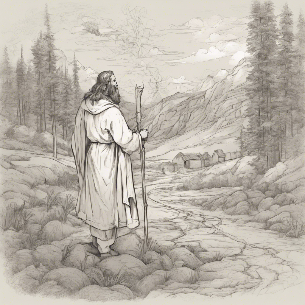 In the foreground, a bearded man, dressed in a cloak and holding a wooden staff, is standing beside a stream and looking into the background past a grove of tall pine trees at a few simple wooden structures situated at the foot of a large rocky elevation.