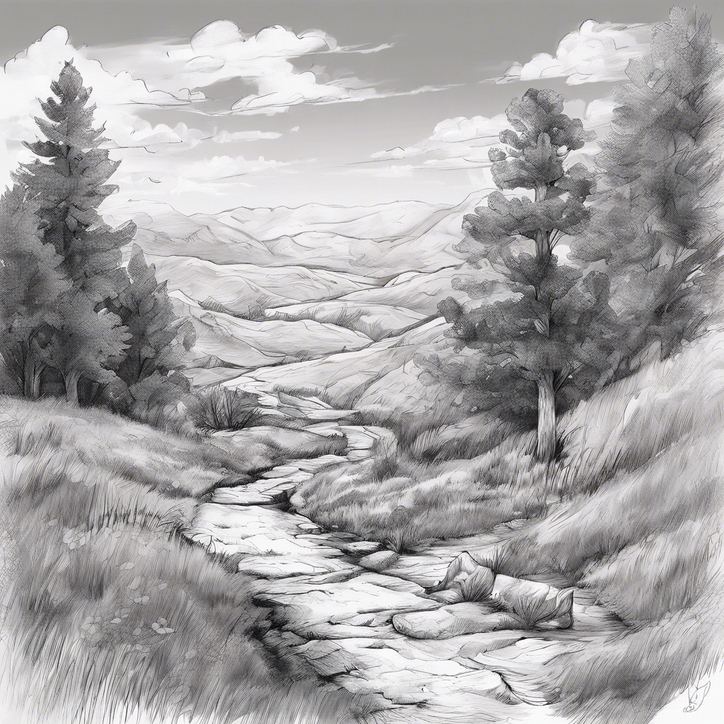 A smooth path with grassy banks on either side leads down the slight slope past a small grove of trees, winding out of sight past the gently rounded hills.