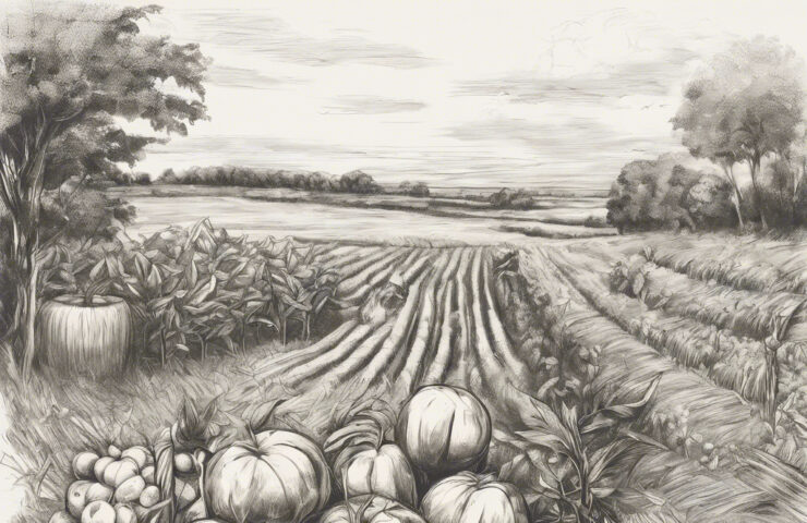 In the foreground, a stack of pumpkins and other produce from the field rest at the end of long, harvested rows, disappearing from sight as the rolling land stretches off in the distance. Shady clumps of trees and underbrush remain at the edges of the cleared land where the ground is too rough to plant.