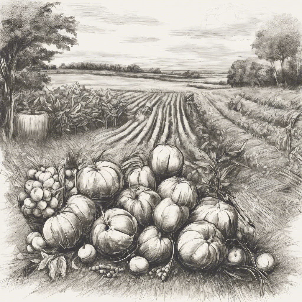 In the foreground, a stack of pumpkins and other produce from the field rest at the end of long, harvested rows, disappearing from sight as the rolling land stretches off in the distance. Shady clumps of trees and underbrush remain at the edges of the cleared land where the ground is too rough to plant.