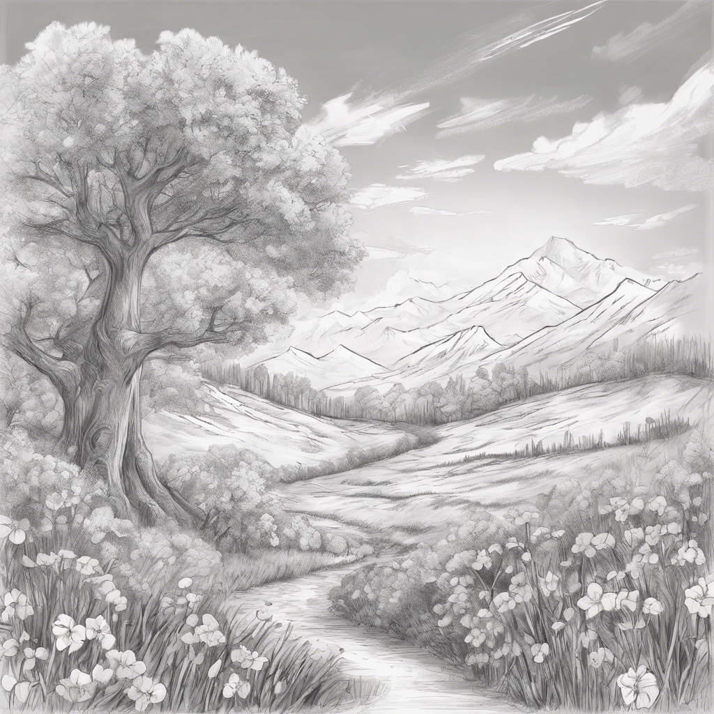 A smooth, gently winding path, surrounded by wildflowers, meanders under the shade of a large, old tree before continuing through the meadow towards the foothills which prepare the traveler for the mountains in the distance.