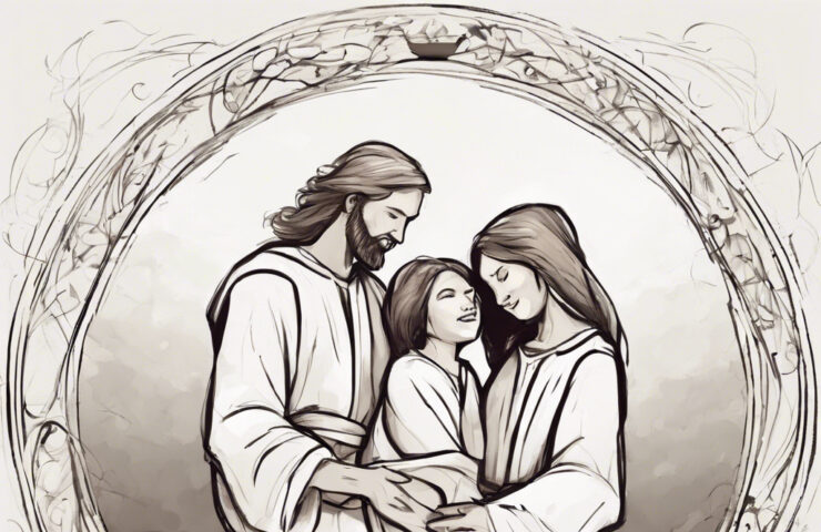 A circular picture frame surrounding a sketch representing two young people standing close to each other with pleasant and grateful expressions and a figure representing Jesus standing next to them showing an expression of approval.