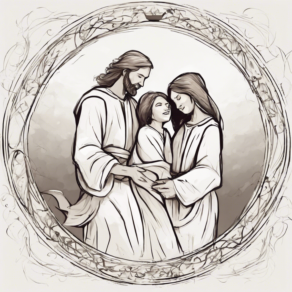 A circular picture frame surrounding a sketch representing two young people standing close to each other with pleasant and grateful expressions and a figure representing Jesus standing next to them showing an expression of approval.