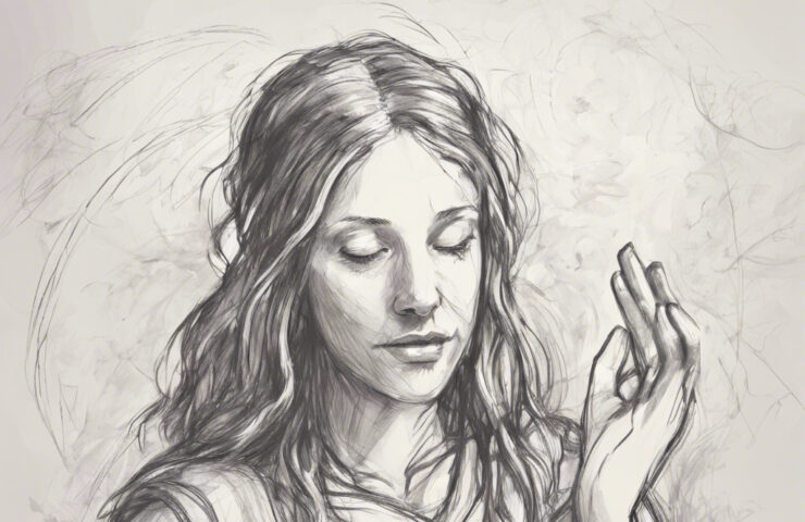 A young woman with eyes closed and a peaceful expression lifts her hand in praise.