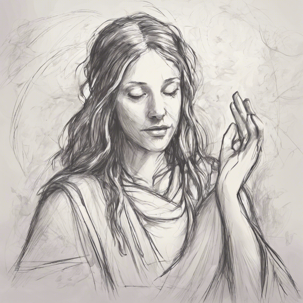 A young woman with eyes closed and a peaceful expression lifts her hand in praise.