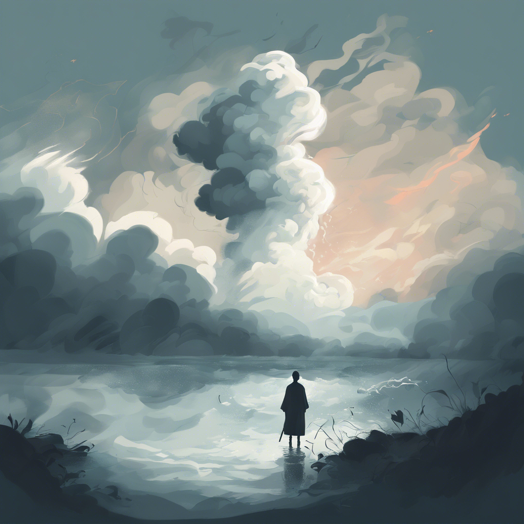 Under a clearing sky, a person stands silhouetted by the bank of a body of water as the morning mist is blown away leaving a towering column of sunlit cloud on the horizon.