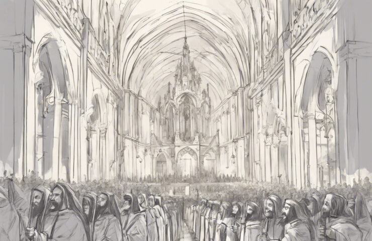 A multitude of people are shown on both the left and right sides of an enormous room under a soaring roof.