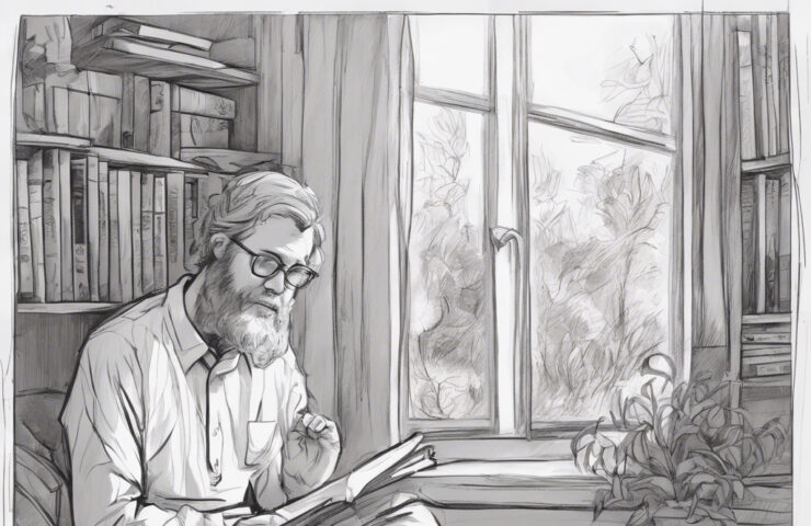 A young bearded man wearing glasses and relaxed clothing is seated crosslegged on the floor with filled bookshelves on either side of large windows letting the morning sunlight in. Next to his beverage cup and saucer is a potted plant resting in the sunlight. He is holding an open book he is reading and has other books open on the floor in front of him.