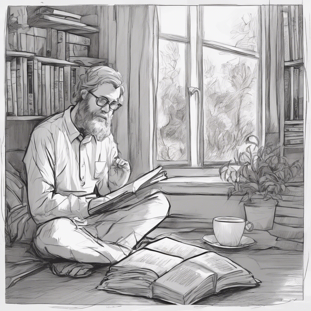 A young bearded man wearing glasses and relaxed clothing is seated crosslegged on the floor with filled bookshelves on either side of large windows letting the morning sunlight in. Next to his beverage cup and saucer is a potted plant resting in the sunlight. He is holding an open book he is reading and has other books open on the floor in front of him.