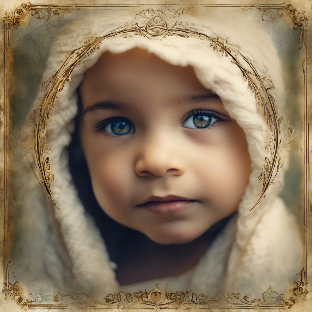 A little child, peering out from under a blanket, gazing at the observer with a calm, unafraid look of interest.