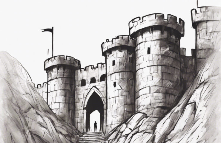 A tall stone fortress wall with a banner flying over the towers and ramparts is seen in the midground of the sketch. The gate is open and the silhouette of a person entering is visible at the top of a long rugged flight of stone steps leading up from a narrow passge between steep rocky walls on either side of the path.