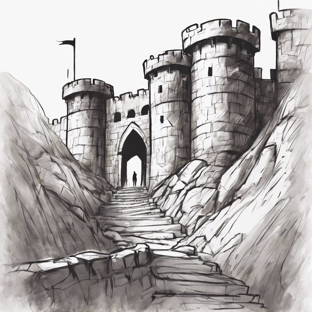 A tall stone fortress wall with a banner flying over the towers and ramparts is seen in the midground of the sketch. The gate is open and the silhouette of a person entering is visible at the top of a long rugged flight of stone steps leading up from a narrow passge between steep rocky walls on either side of the path.