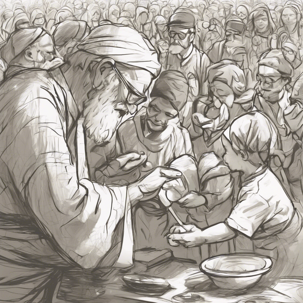 A person in the foreground, is seen outside serving food to a large crowd of children and old people.