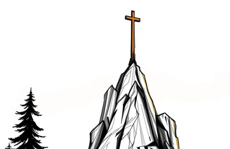 A tall cross is mounted on a tall rocky spire at the summit of a hilltop with evergreen trees visible around the spire.