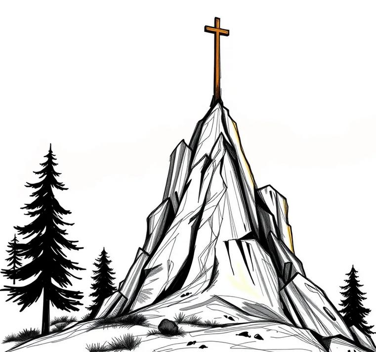 A tall cross is mounted on a tall rocky spire at the summit of a hilltop with evergreen trees visible around the spire.